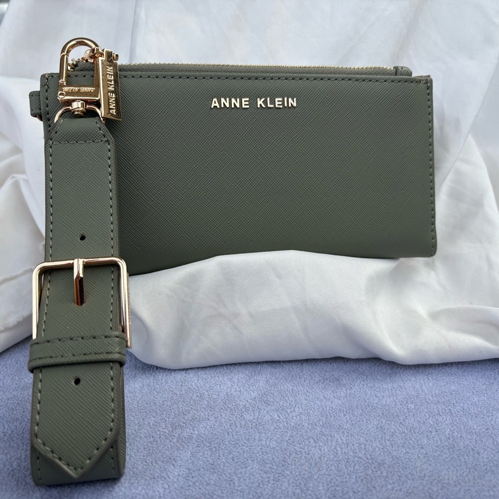Anne Klein Olive Green Saffiano Wristlet with Gold Hardware